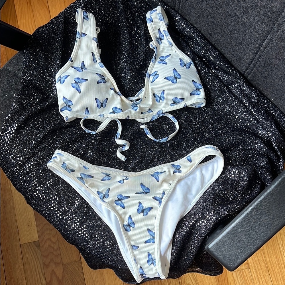 SHEIN White and Blue Butterfly Bikini